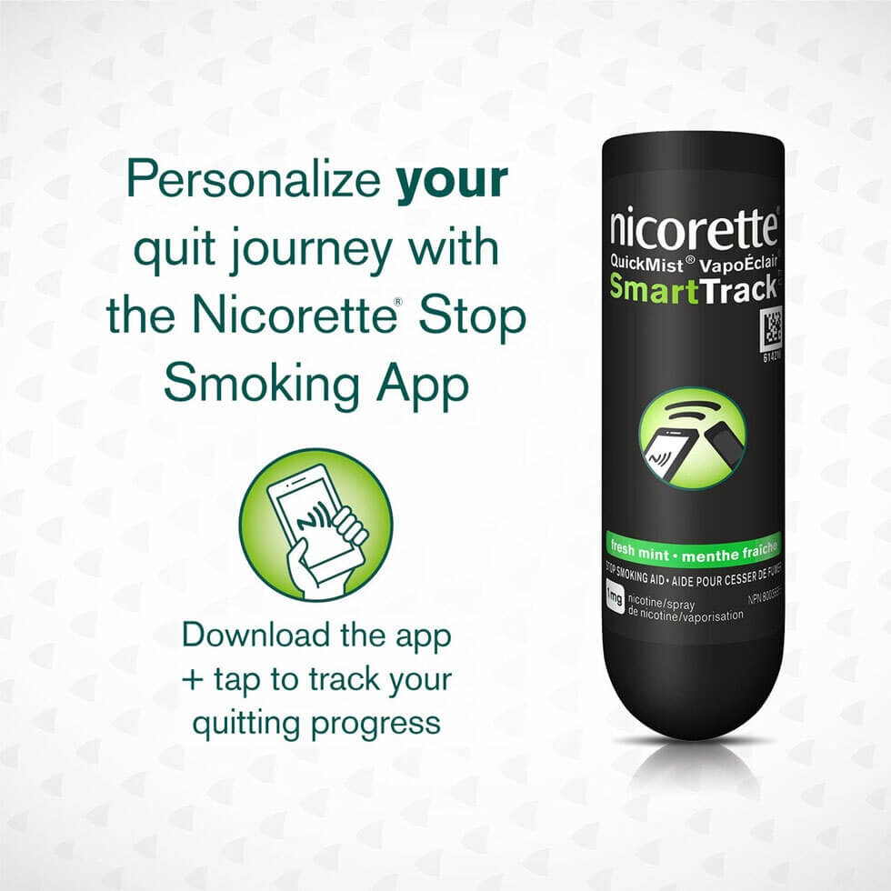 Nicorette QuickMist Nicotine Mouth Spray with instructions to download the SmartTrack app on the phone