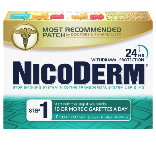 A packet of NICORETTE® Step 1 - 21mg transdermal nicotine patch, 14 clear patches