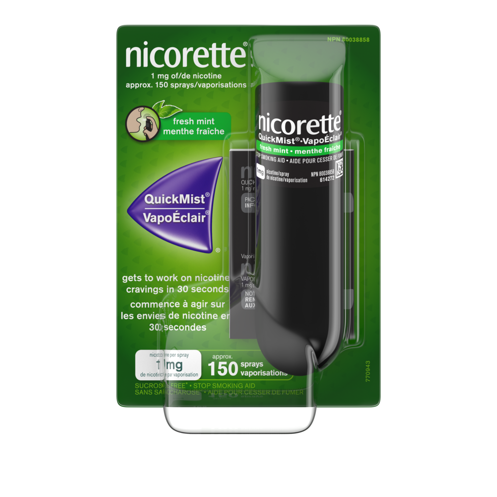 NICORETTE® QuickMist SmartTrack Nicotine Mouth Spray package, fresh mint, 150 sprays